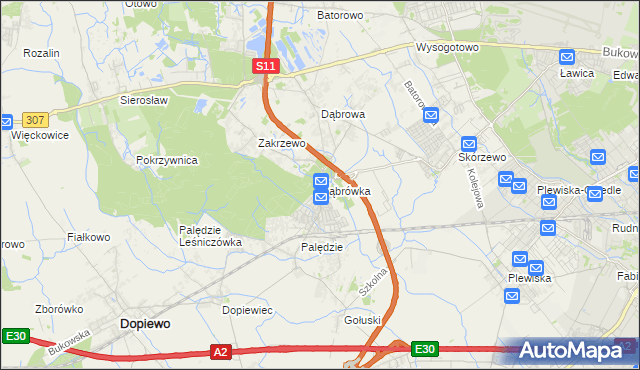 mapa Dąbrówka gmina Dopiewo, Dąbrówka gmina Dopiewo na mapie Targeo
