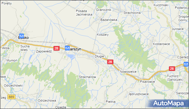 mapa Długie gmina Zarszyn, Długie gmina Zarszyn na mapie Targeo