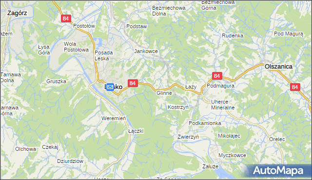 mapa Glinne gmina Lesko, Glinne gmina Lesko na mapie Targeo