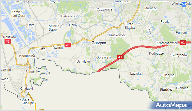 mapa Gorzyczki gmina Gorzyce, Gorzyczki gmina Gorzyce na mapie Targeo