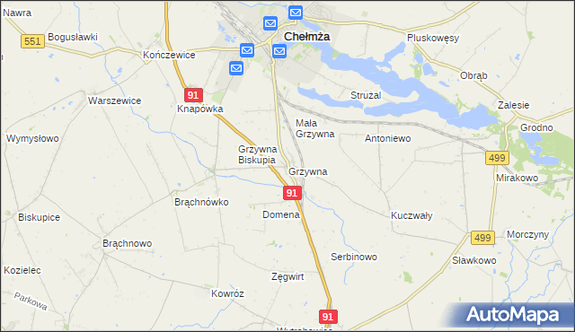 mapa Grzywna gmina Chełmża, Grzywna gmina Chełmża na mapie Targeo