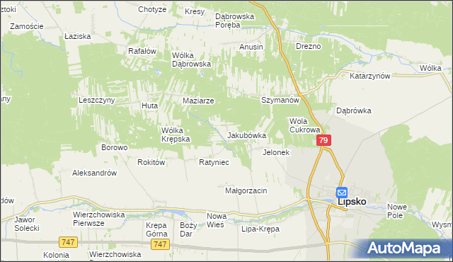 mapa Jakubówka gmina Lipsko, Jakubówka gmina Lipsko na mapie Targeo