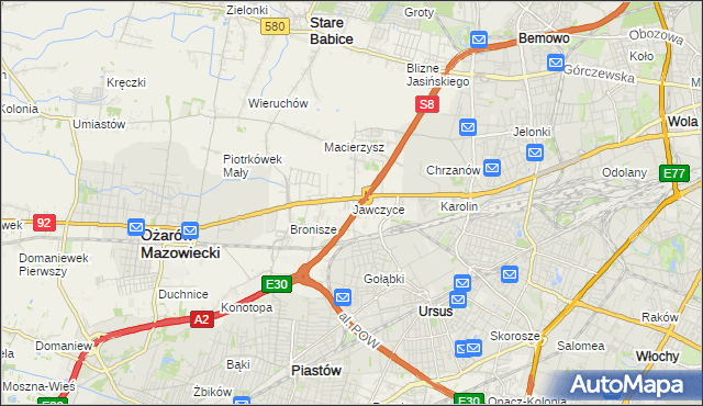 mapa Jawczyce gmina Ożarów Mazowiecki, Jawczyce gmina Ożarów Mazowiecki na mapie Targeo