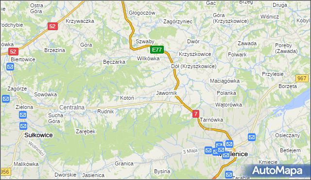 mapa Jawornik gmina Myślenice, Jawornik gmina Myślenice na mapie Targeo