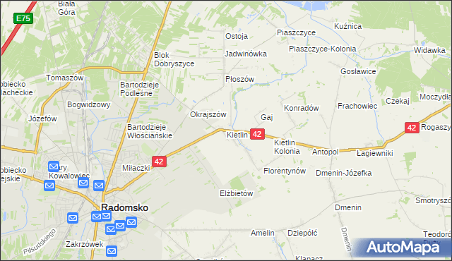 mapa Kietlin gmina Radomsko, Kietlin gmina Radomsko na mapie Targeo