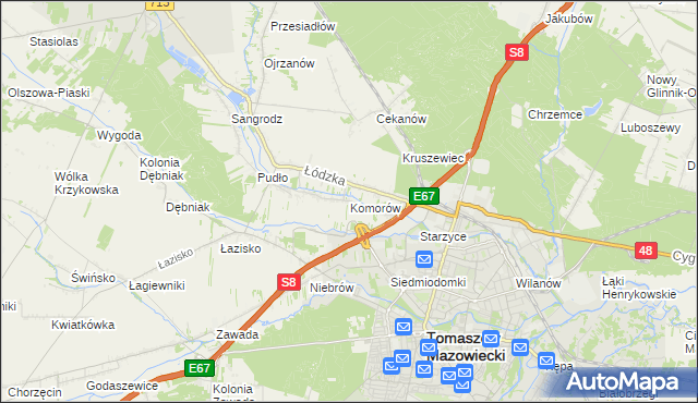 mapa Komorów gmina Tomaszów Mazowiecki, Komorów gmina Tomaszów Mazowiecki na mapie Targeo