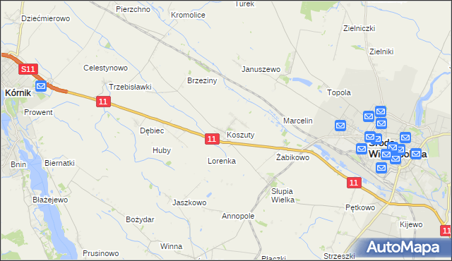 mapa Koszuty gmina Środa Wielkopolska, Koszuty gmina Środa Wielkopolska na mapie Targeo