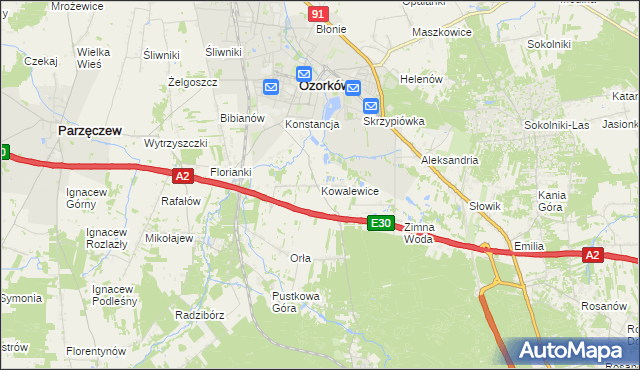 mapa Kowalewice gmina Parzęczew, Kowalewice gmina Parzęczew na mapie Targeo