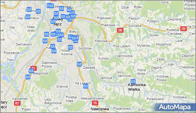 mapa Kunów gmina Chełmiec, Kunów gmina Chełmiec na mapie Targeo