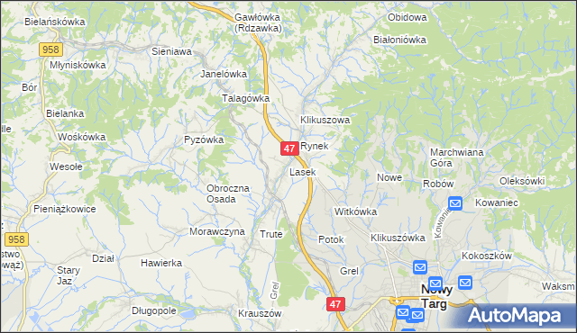 mapa Lasek gmina Nowy Targ, Lasek gmina Nowy Targ na mapie Targeo