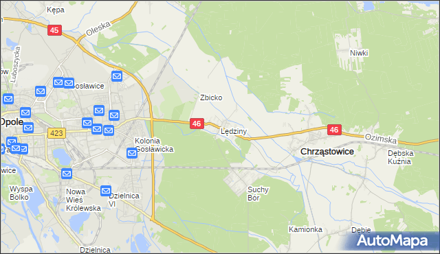 mapa Lędziny gmina Chrząstowice, Lędziny gmina Chrząstowice na mapie Targeo