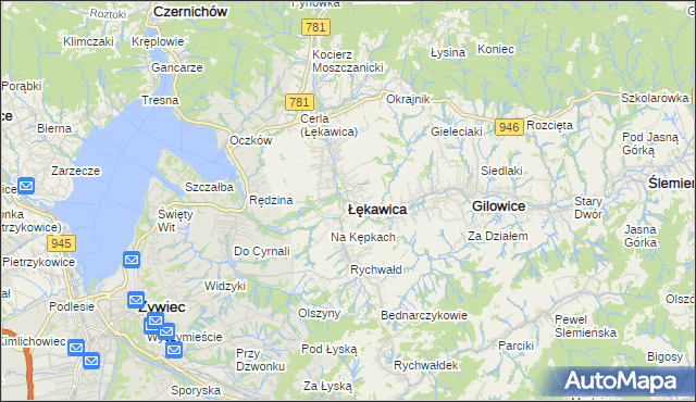 mapa Łękawica powiat żywiecki, Łękawica powiat żywiecki na mapie Targeo