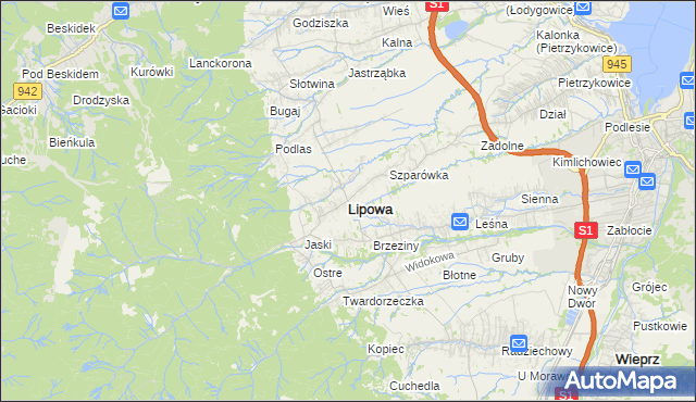 mapa Lipowa powiat żywiecki, Lipowa powiat żywiecki na mapie Targeo