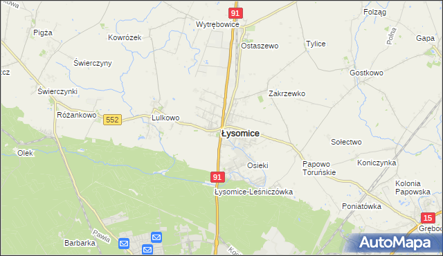 mapa Łysomice powiat toruński, Łysomice powiat toruński na mapie Targeo