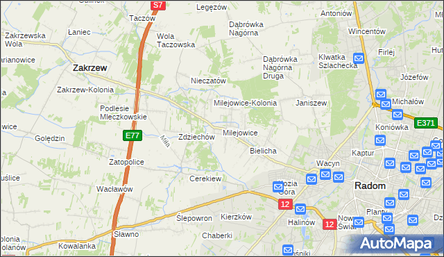 mapa Milejowice gmina Zakrzew, Milejowice gmina Zakrzew na mapie Targeo