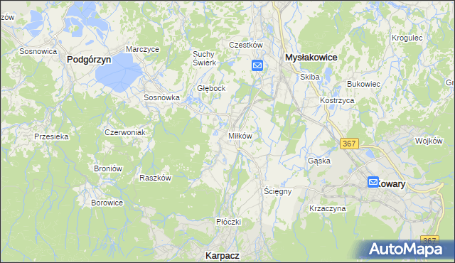 mapa Miłków gmina Podgórzyn, Miłków gmina Podgórzyn na mapie Targeo