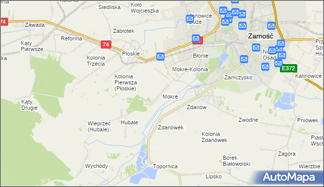 mapa Mokre gmina Zamość, Mokre gmina Zamość na mapie Targeo