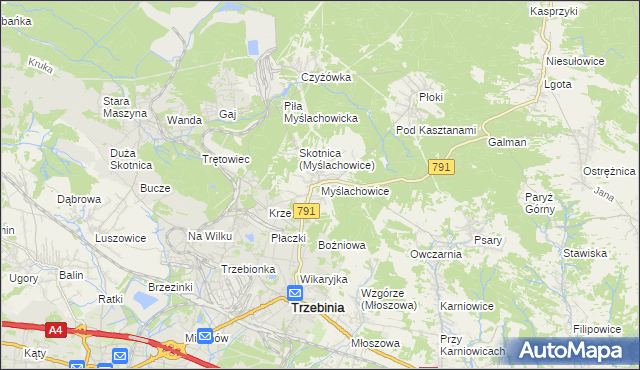 mapa Myślachowice, Myślachowice na mapie Targeo