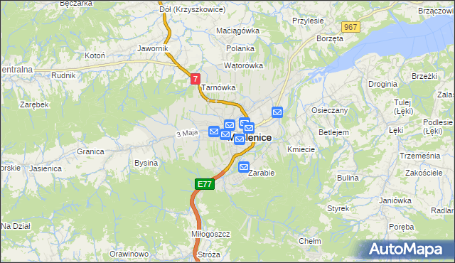 mapa Myślenice, Myślenice na mapie Targeo
