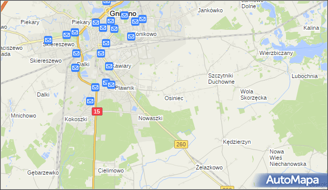 mapa Osiniec gmina Gniezno, Osiniec gmina Gniezno na mapie Targeo