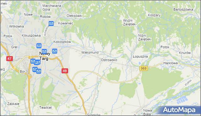 mapa Ostrowsko gmina Nowy Targ, Ostrowsko gmina Nowy Targ na mapie Targeo