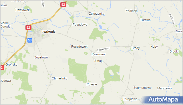 mapa Pakosław gmina Lwówek, Pakosław gmina Lwówek na mapie Targeo