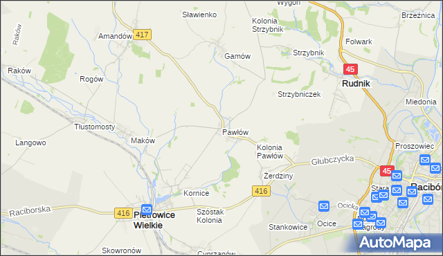 mapa Pawłów gmina Pietrowice Wielkie, Pawłów gmina Pietrowice Wielkie na mapie Targeo