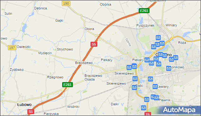 mapa Piekary gmina Gniezno, Piekary gmina Gniezno na mapie Targeo