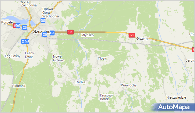 mapa Płozy, Płozy na mapie Targeo