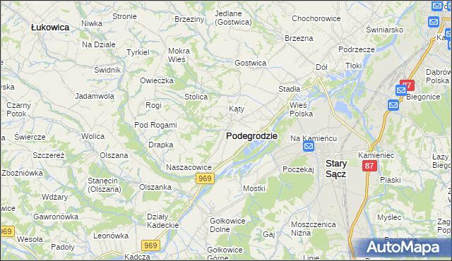 mapa Podegrodzie powiat nowosądecki, Podegrodzie powiat nowosądecki na mapie Targeo