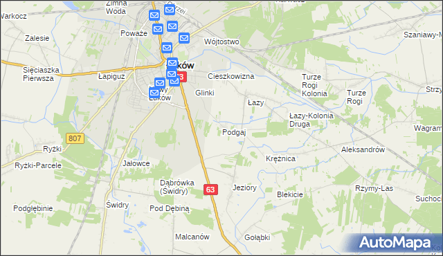 mapa Podgaj gmina Łuków, Podgaj gmina Łuków na mapie Targeo