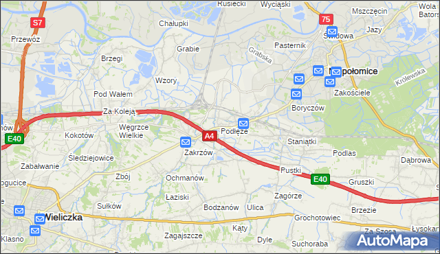 mapa Podłęże gmina Niepołomice, Podłęże gmina Niepołomice na mapie Targeo