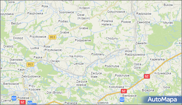mapa Podolany gmina Kalwaria Zebrzydowska, Podolany gmina Kalwaria Zebrzydowska na mapie Targeo