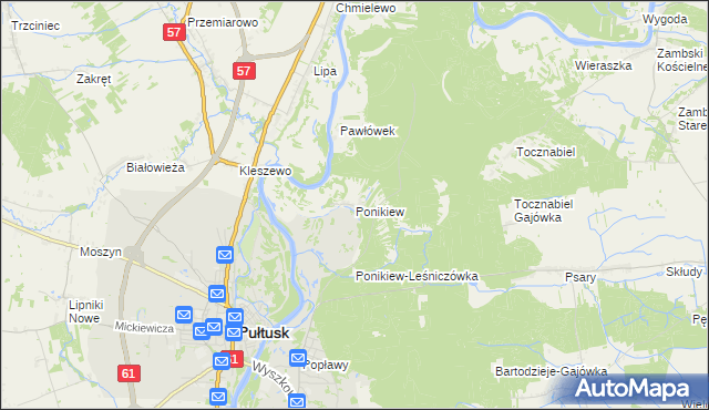 mapa Ponikiew gmina Pułtusk, Ponikiew gmina Pułtusk na mapie Targeo