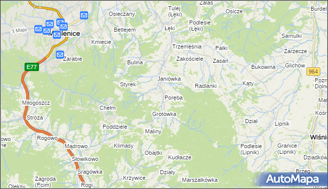 mapa Poręba gmina Myślenice, Poręba gmina Myślenice na mapie Targeo