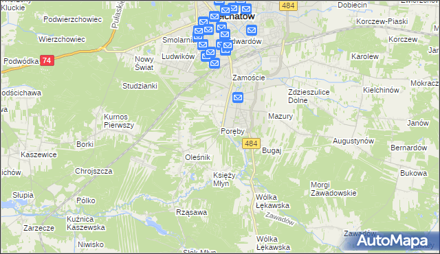 mapa Poręby gmina Bełchatów, Poręby gmina Bełchatów na mapie Targeo