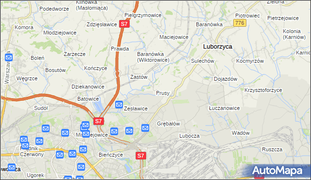 mapa Prusy gmina Kocmyrzów-Luborzyca, Prusy gmina Kocmyrzów-Luborzyca na mapie Targeo