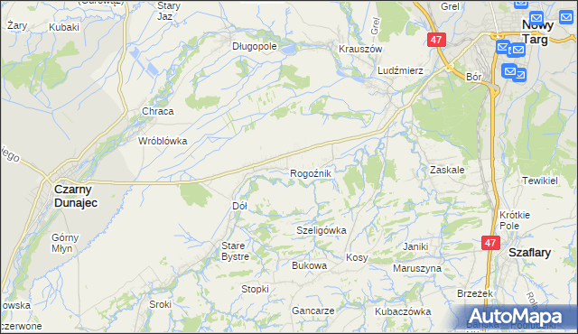 mapa Rogoźnik gmina Nowy Targ, Rogoźnik gmina Nowy Targ na mapie Targeo