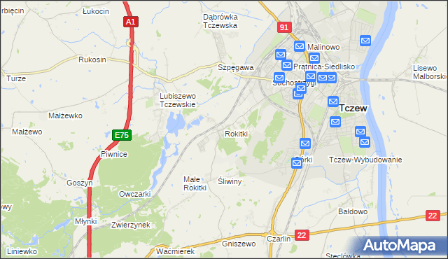 mapa Rokitki gmina Tczew, Rokitki gmina Tczew na mapie Targeo