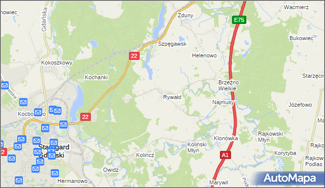 mapa Rywałd gmina Starogard Gdański, Rywałd gmina Starogard Gdański na mapie Targeo
