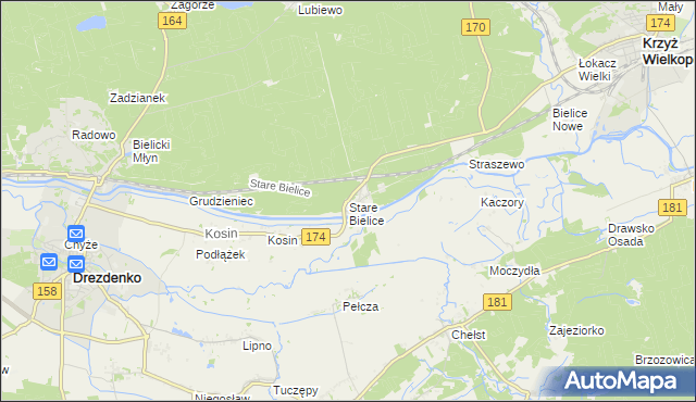 mapa Stare Bielice gmina Drezdenko, Stare Bielice gmina Drezdenko na mapie Targeo
