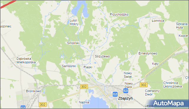mapa Strzyżewo gmina Zbąszyń, Strzyżewo gmina Zbąszyń na mapie Targeo