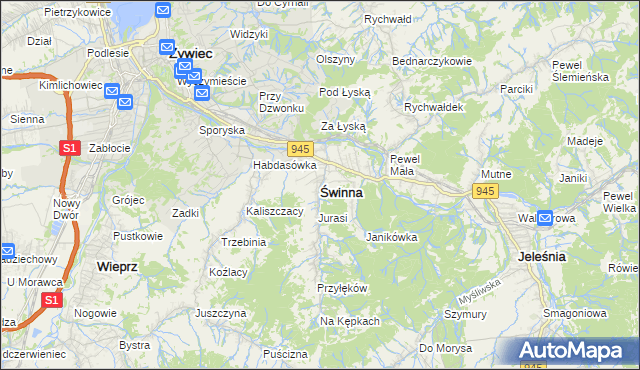 mapa Świnna powiat żywiecki, Świnna powiat żywiecki na mapie Targeo