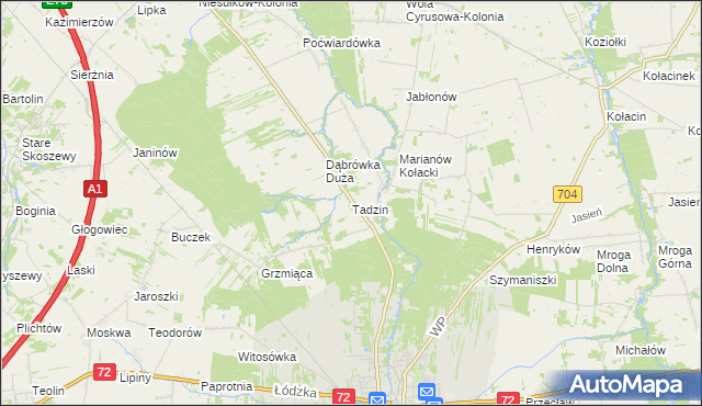 mapa Tadzin gmina Brzeziny, Tadzin gmina Brzeziny na mapie Targeo