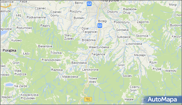 mapa Targanice, Targanice na mapie Targeo
