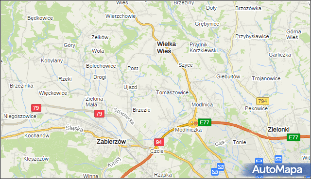 mapa Tomaszowice gmina Wielka Wieś, Tomaszowice gmina Wielka Wieś na mapie Targeo