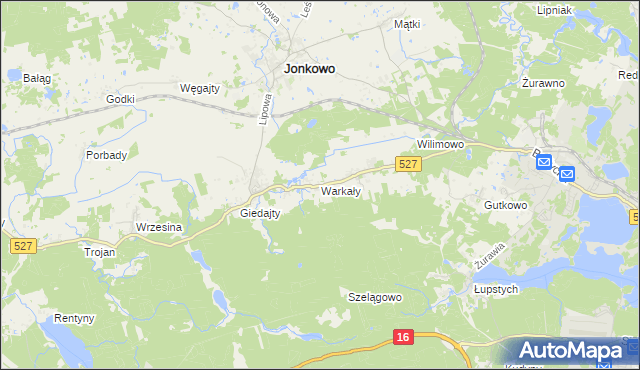 mapa Warkały gmina Jonkowo, Warkały gmina Jonkowo na mapie Targeo