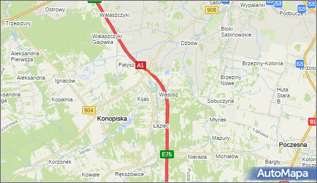 mapa Wąsosz gmina Konopiska, Wąsosz gmina Konopiska na mapie Targeo