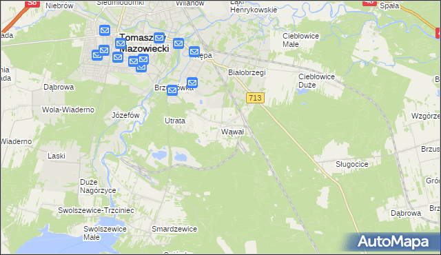 mapa Wąwał gmina Tomaszów Mazowiecki, Wąwał gmina Tomaszów Mazowiecki na mapie Targeo