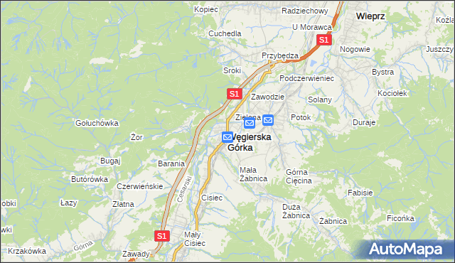 mapa Węgierska Górka, Węgierska Górka na mapie Targeo